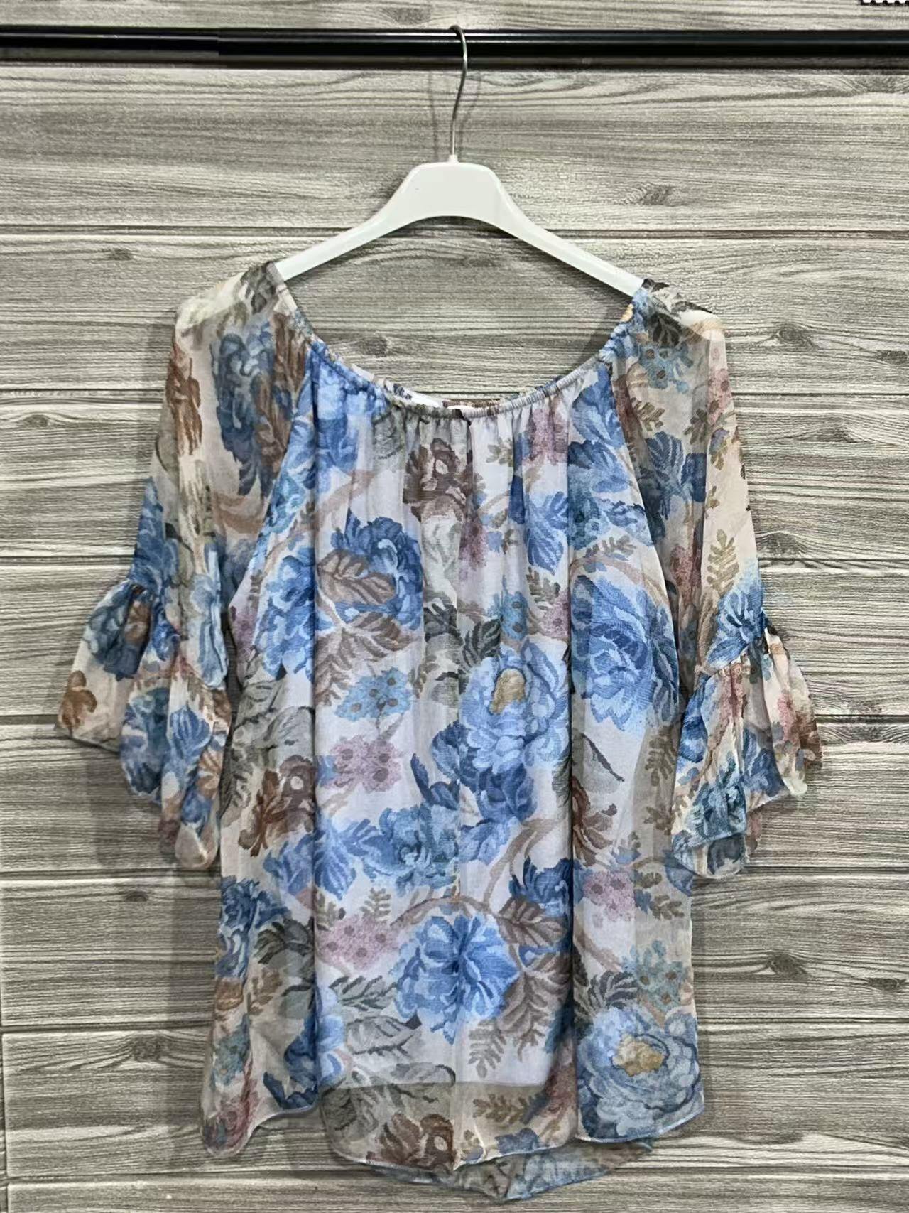 ZOT044SB Romantic Floral Cotton Top Sky Blue