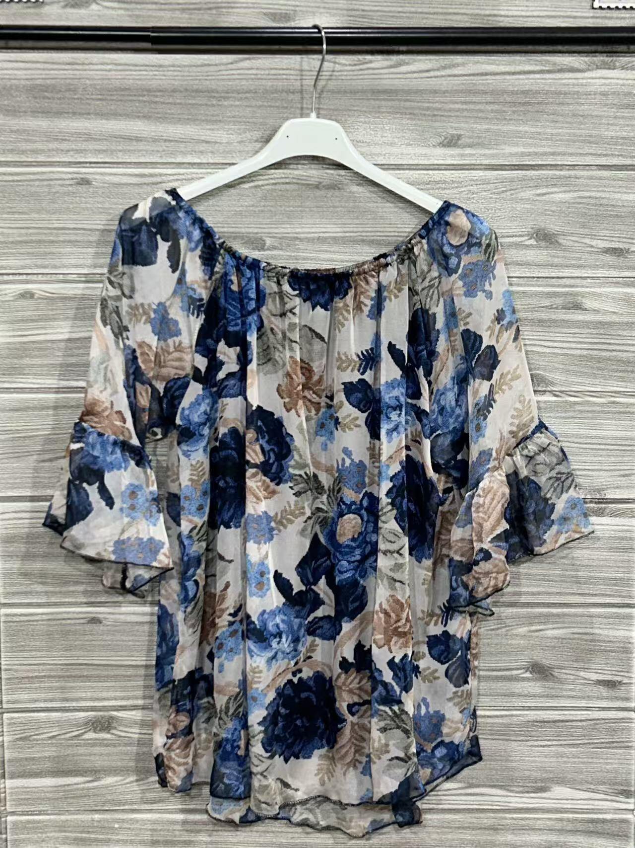 ZOT044DB Romantic Floral Cotton Top Dark Blue