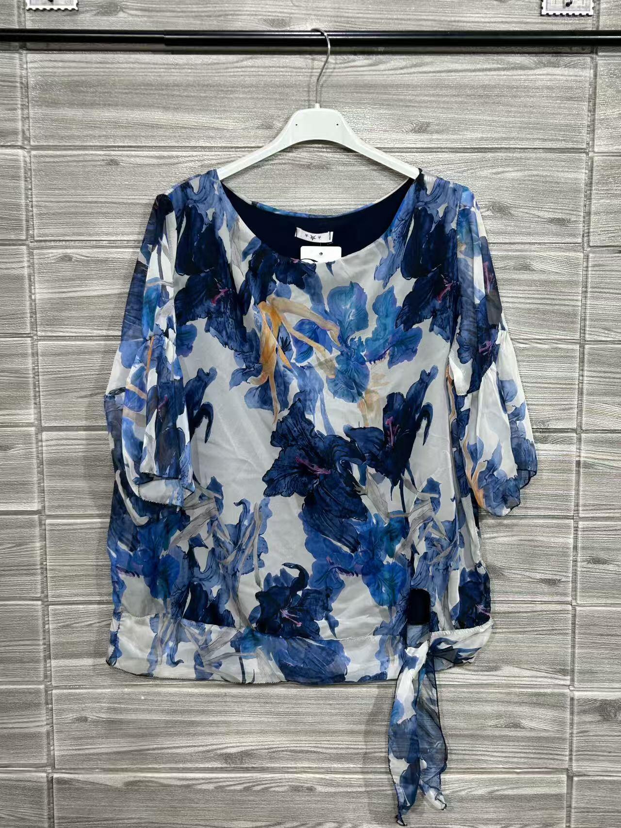 ZOT042DB Watercolor Floral Cotton Top Dark Blue