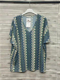 ZOT079DB Chevron Print V-Neck Top Dark Blue