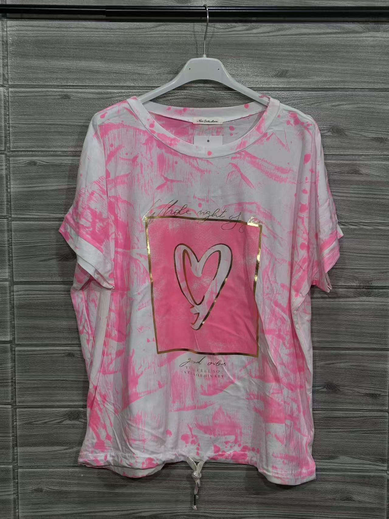 ZOT048BH Heart Tie-Dye Cotton T-Shirt Blush