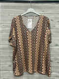 ZOT079DN Chevron Print V-Neck Top Dark Brown