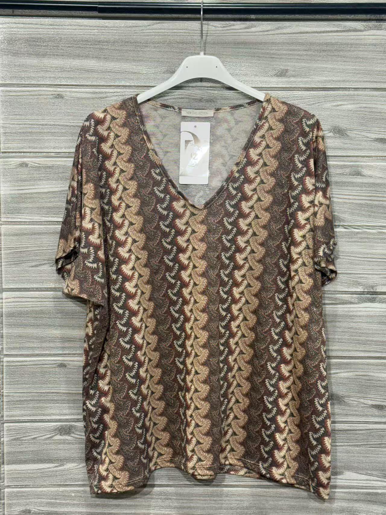 ZOT079DN Chevron Print V-Neck Top Dark Brown
