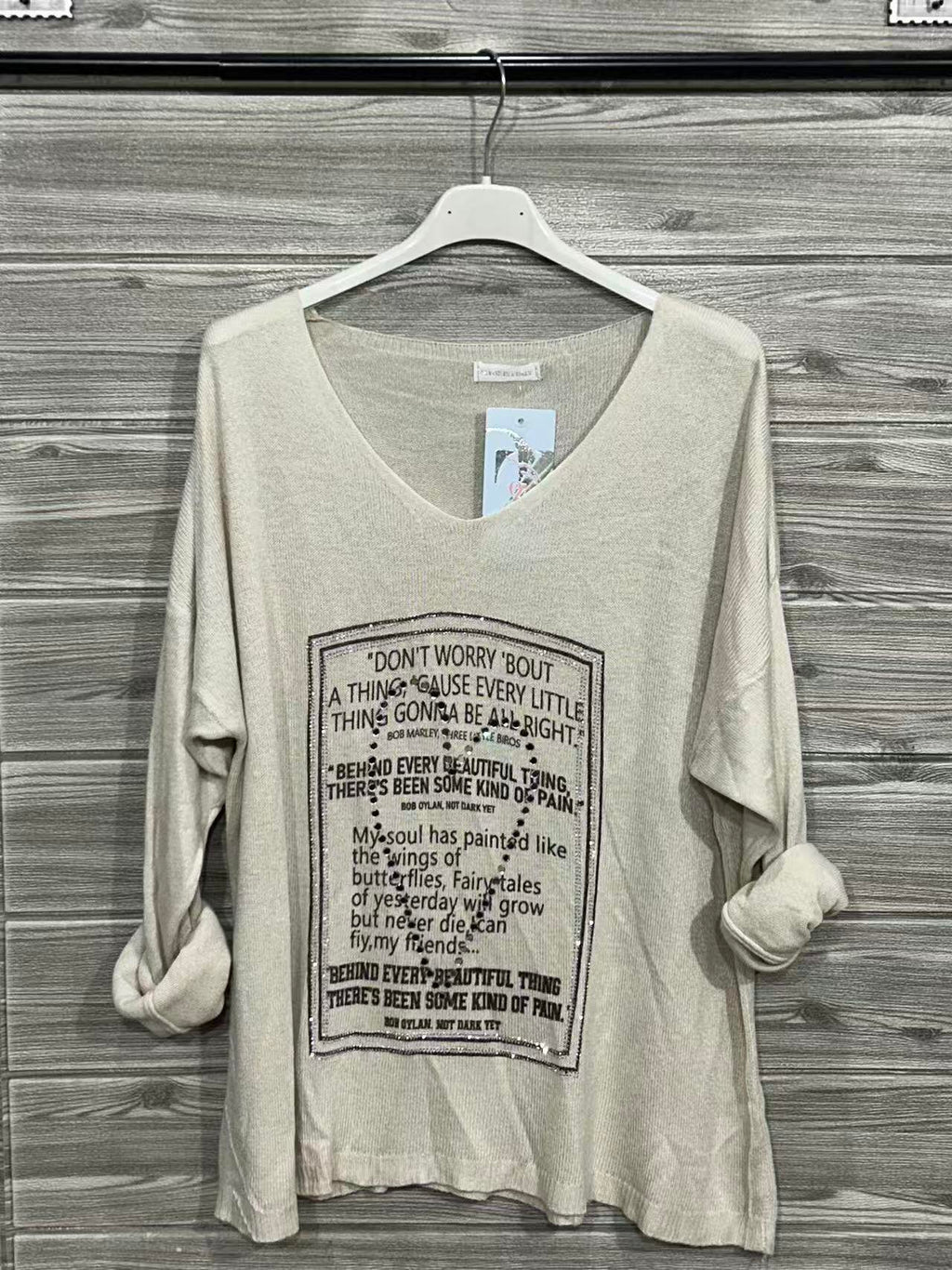 ZOT077EC Poetry Print Cotton Top Ecru