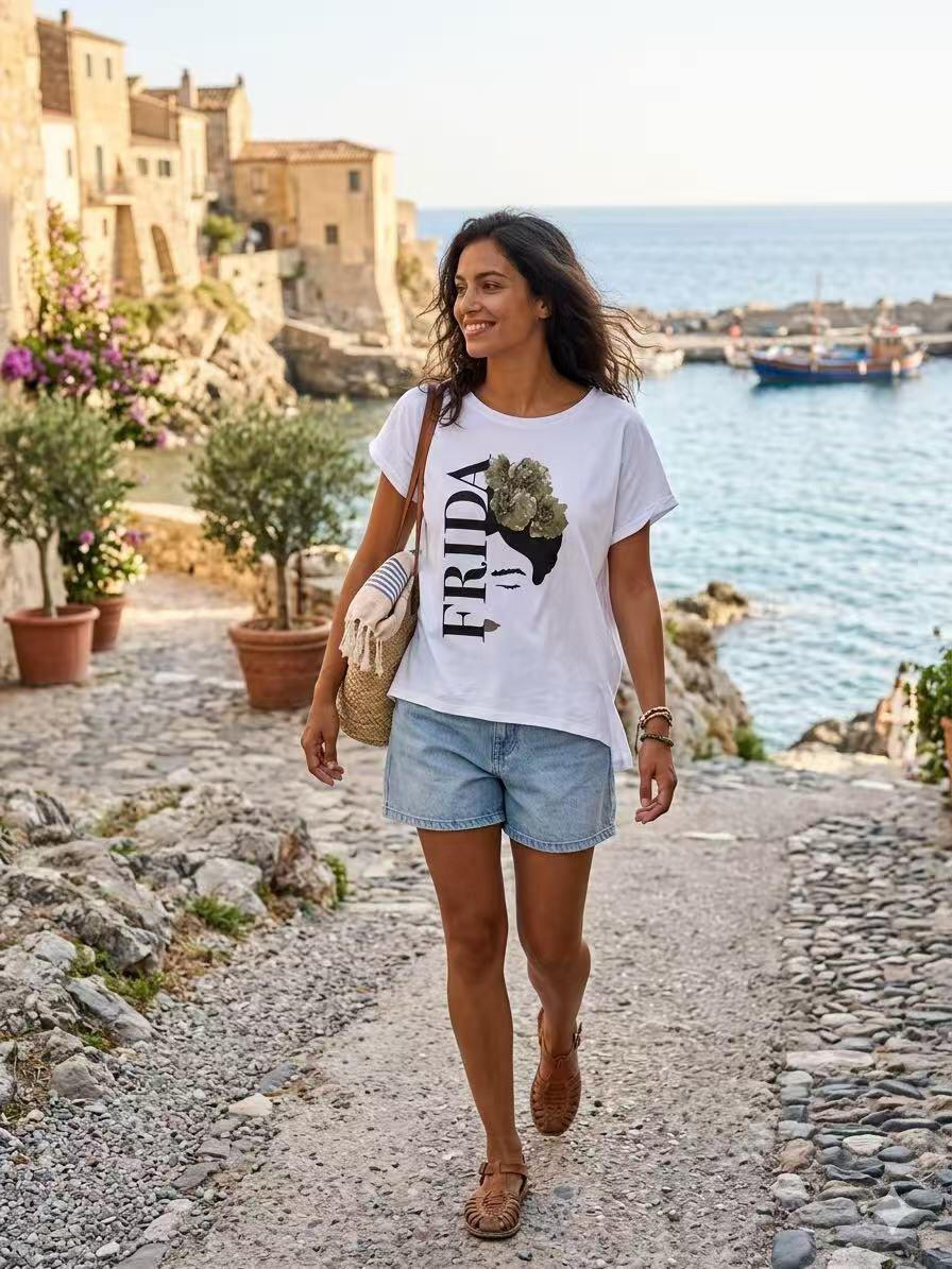 ZOT071EC Frida Tropical Cotton T-Shirt Ecru