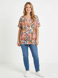 ZOT040EC Pink Floral Cotton Top Ecru
