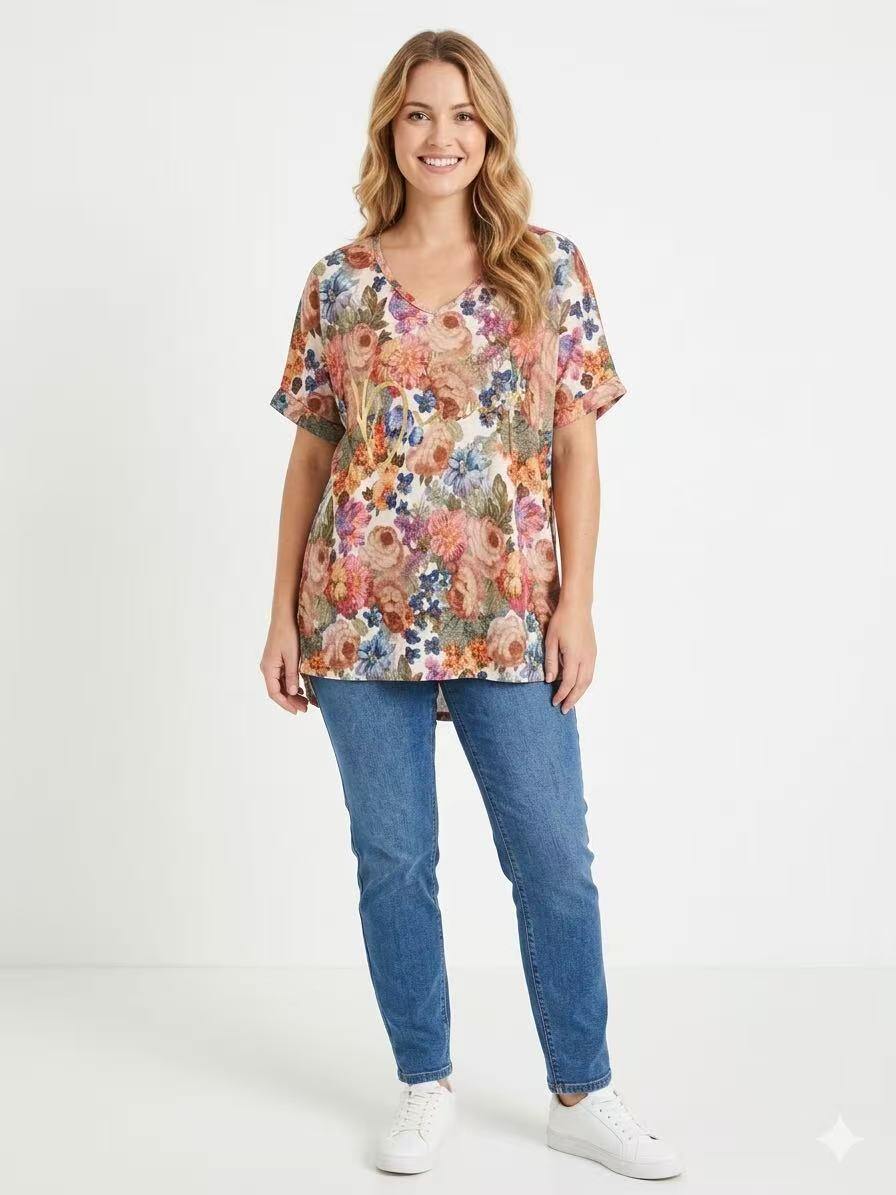 ZOT040EC Pink Floral Cotton Top Ecru