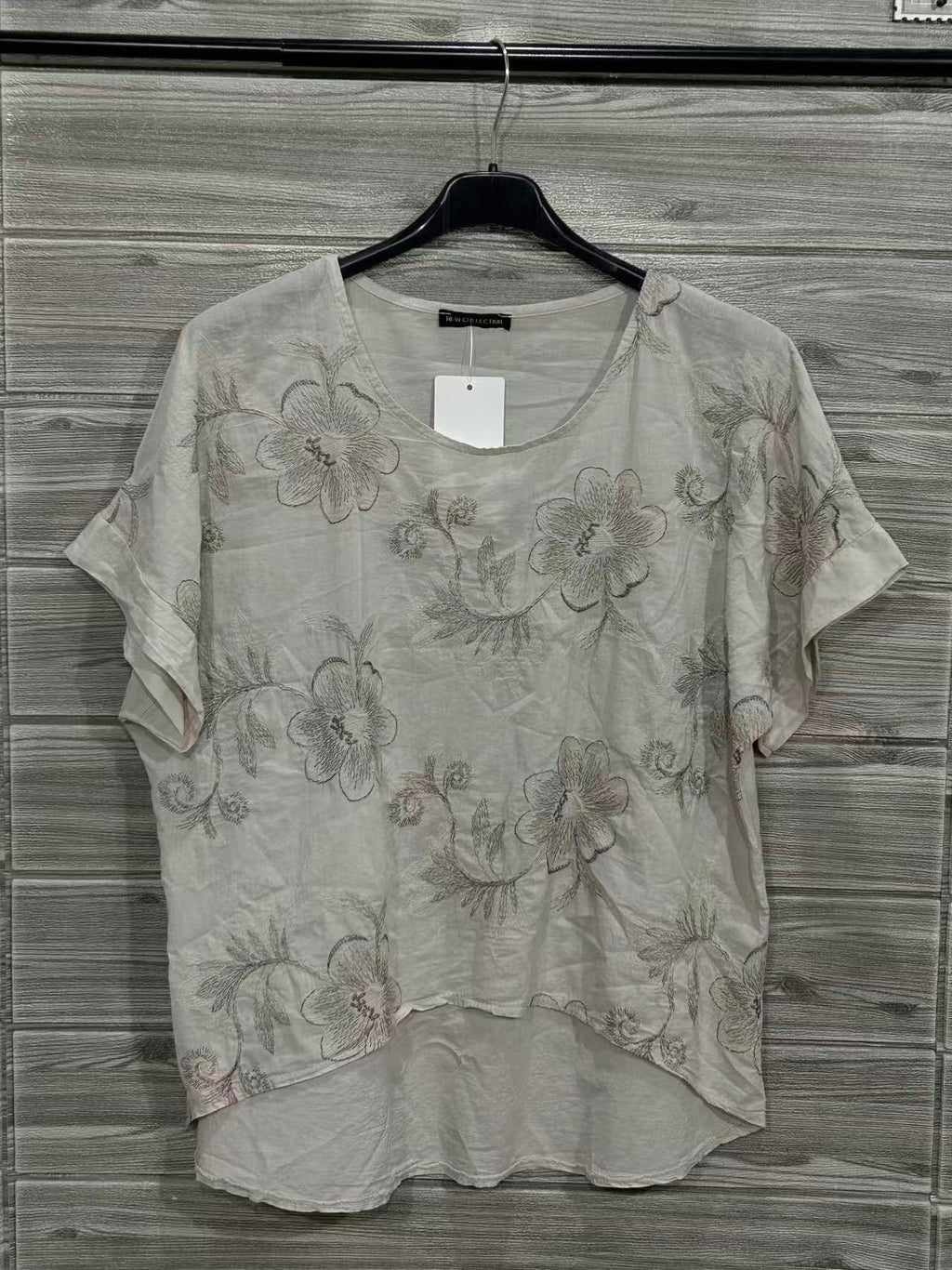 ZOT029EC Tonal Floral Cotton Top Ecru