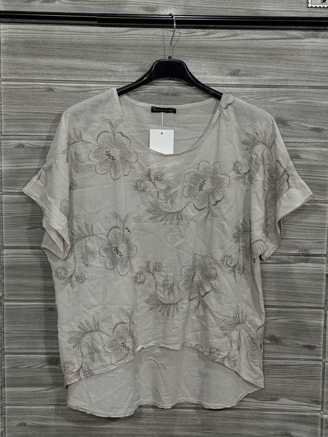 ZOT029EC Tonal Floral Cotton Top Ecru