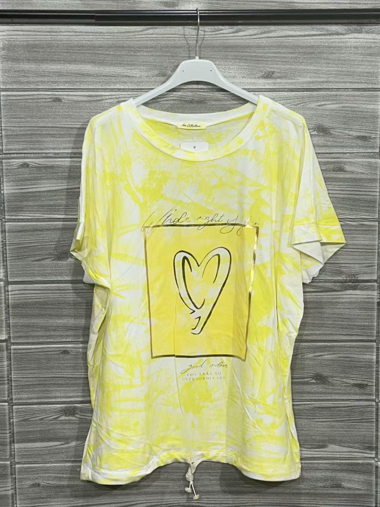 ZOT048YL Heart Tie-Dye Cotton T-Shirt Yellow