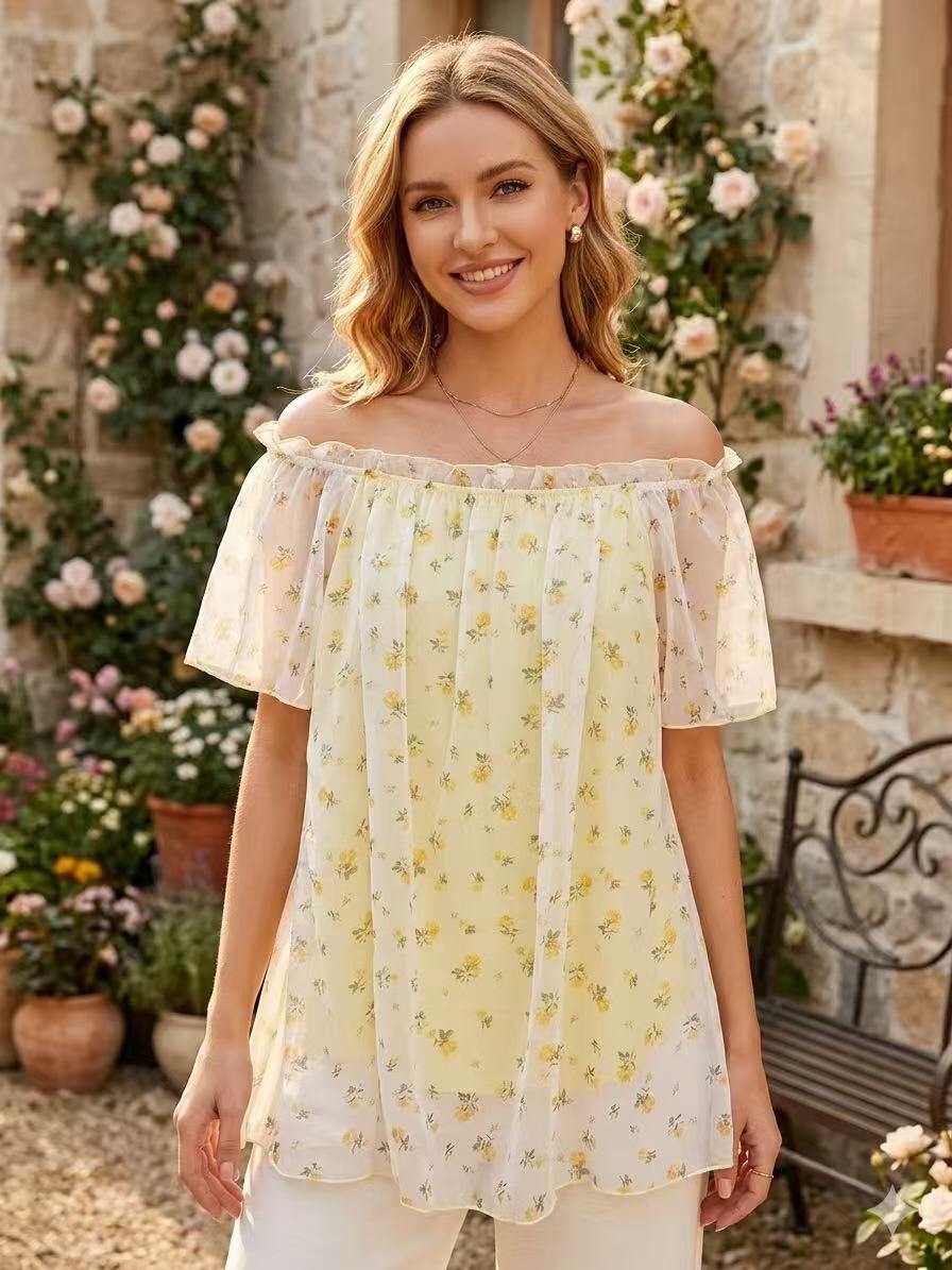 ZOT043YL Floral Off-Shoulder Cotton Top Yellow