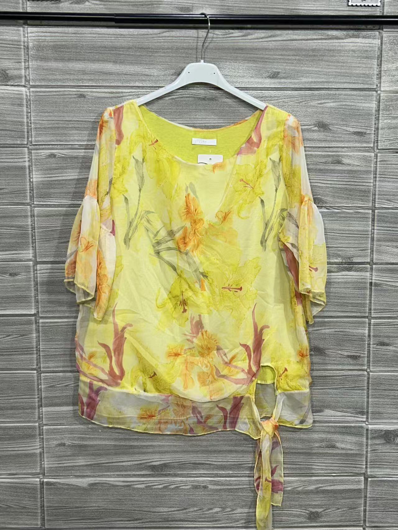 ZOT042YL Watercolor Floral Cotton Top Yellow