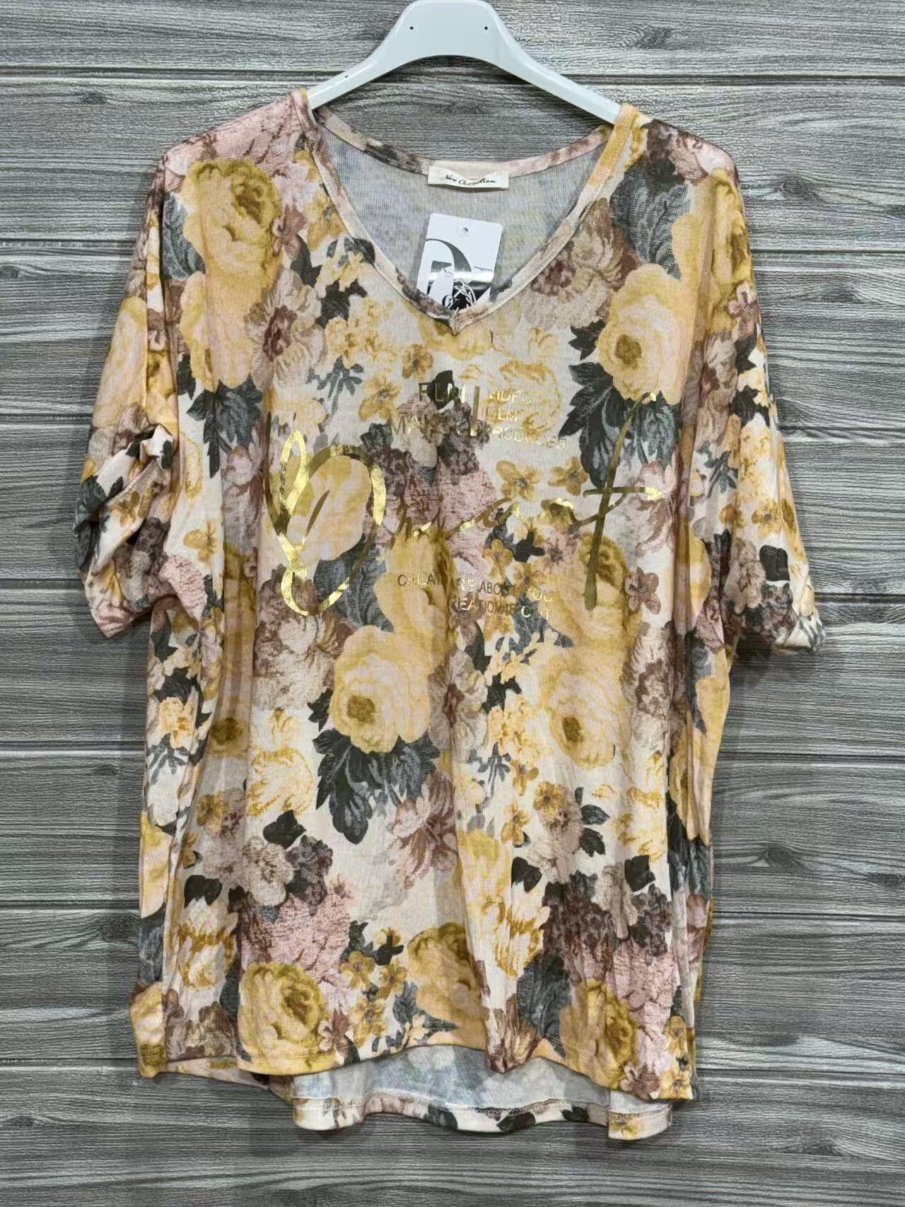ZOT040YL Pink Floral Cotton Top Yellow