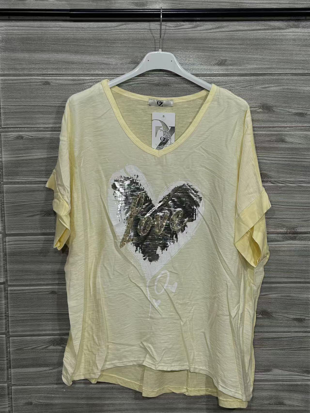ZOT036YL Gold Heart V-Neck Cotton T-Shirt Yellow