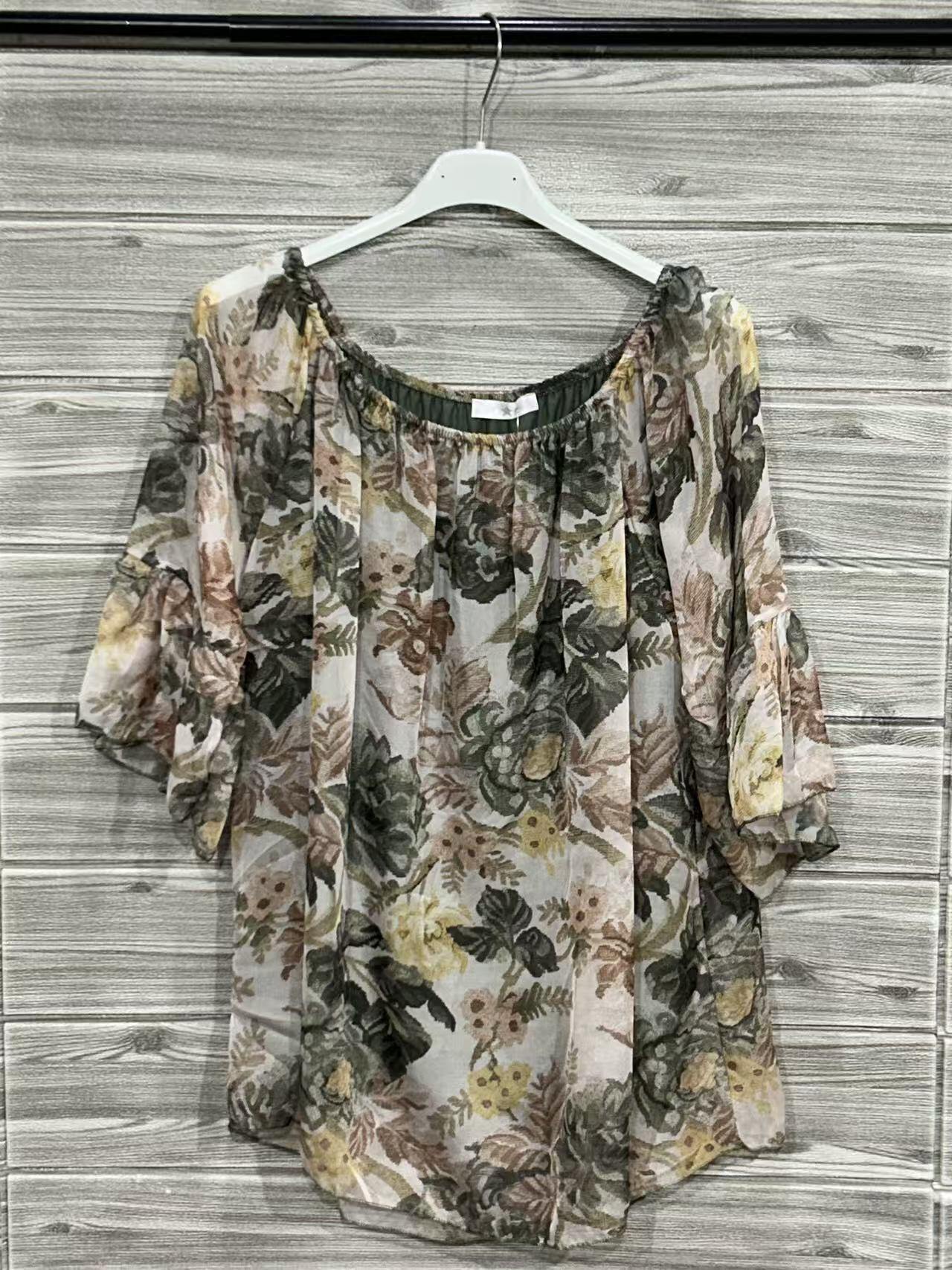 ZOT044KH Romantic Floral Cotton Top Khaki