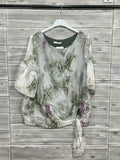 ZOT042KH Watercolor Floral Cotton Top Khaki