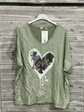 ZOT036KH Gold Heart V-Neck Cotton T-Shirt Khaki