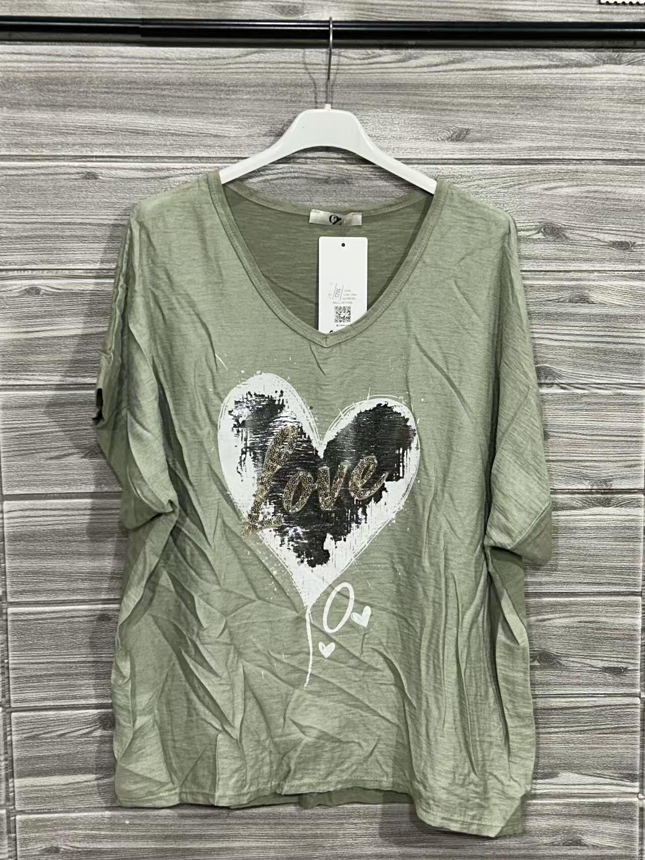 ZOT036KH Gold Heart V-Neck Cotton T-Shirt Khaki