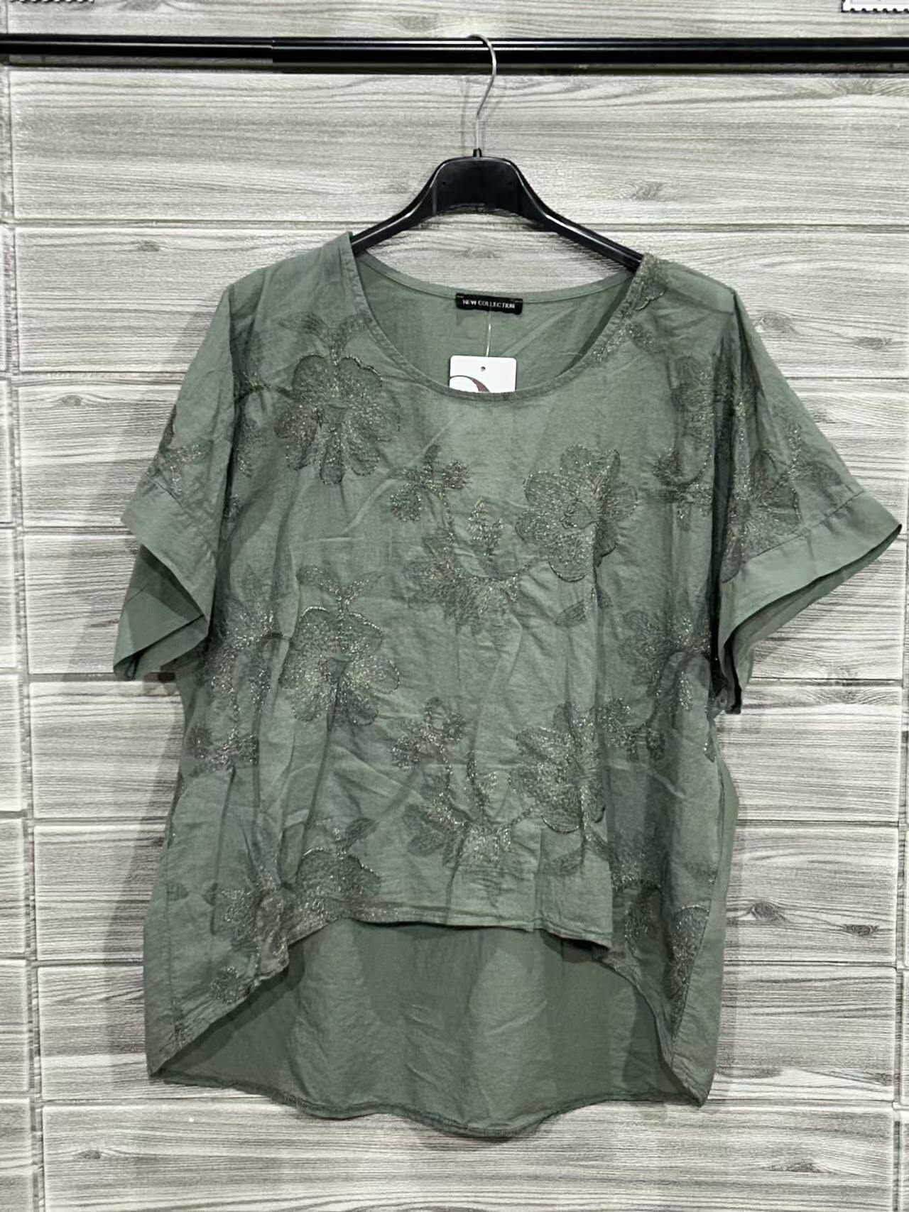 ZOT029KH Tonal Floral Cotton Top Khaki