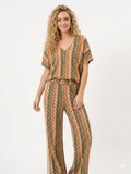 ZOT079KH Chevron Print V-Neck Top Khaki