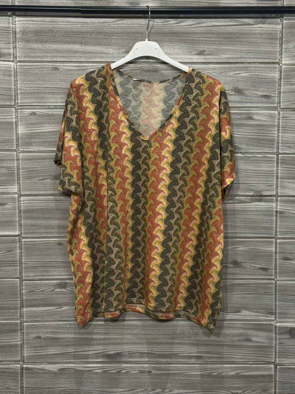 ZOT079KH Chevron Print V-Neck Top Khaki