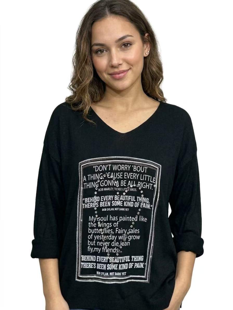 ZOT077BK Poetry Print Cotton Top Black