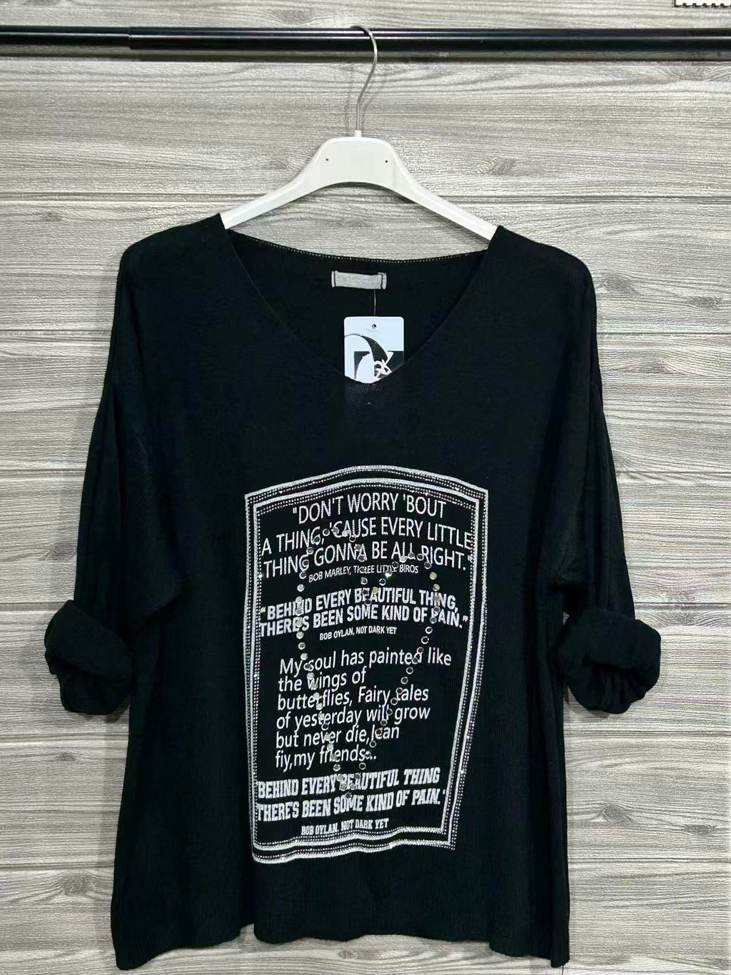 ZOT077BK Poetry Print Cotton Top Black