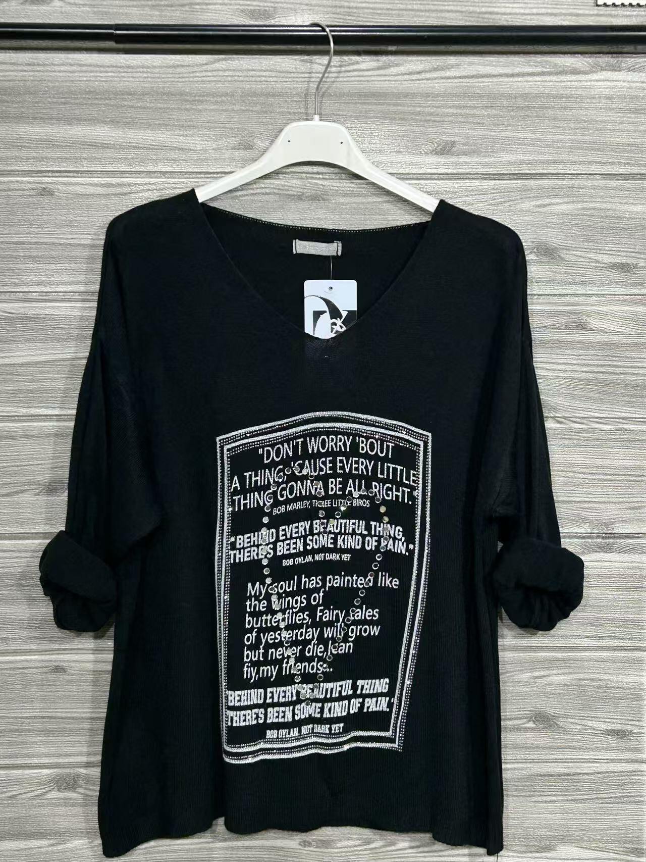 ZOT077BK Poetry Print Cotton Top Black