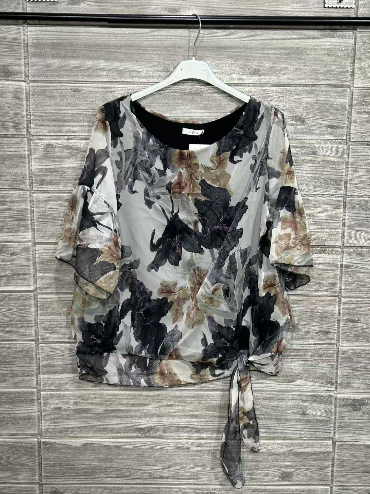 ZOT042BK Watercolor Floral Cotton Top Black