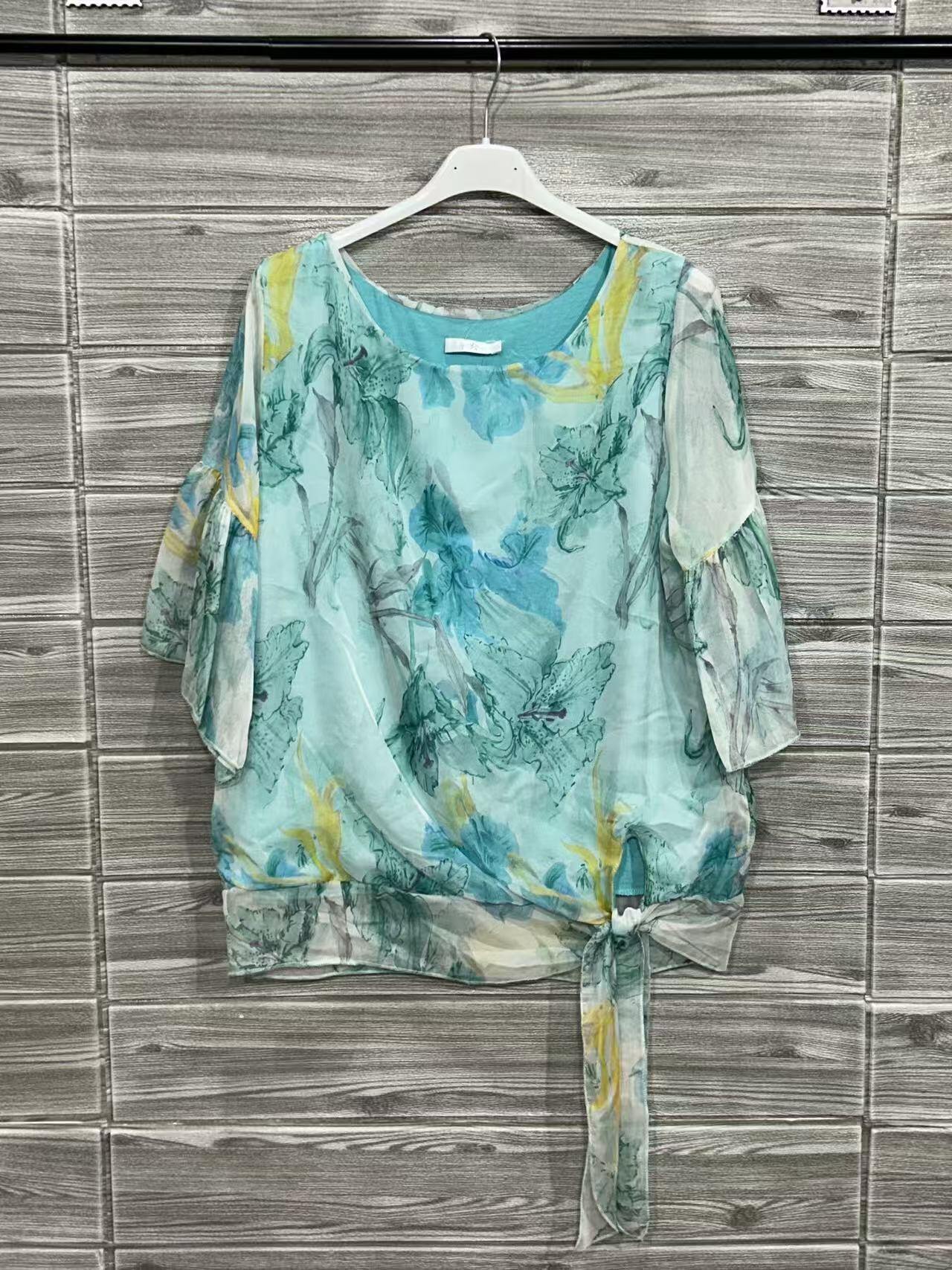 ZOT042VD Watercolor Floral Cotton Top Vert D Eau
