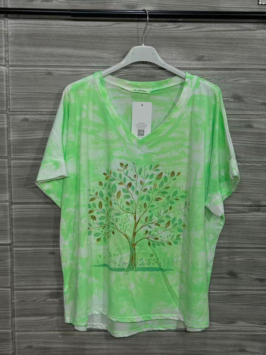 ZOT049VP Tie-Dye Butterfly Cotton T-Shirt Vert Pomme