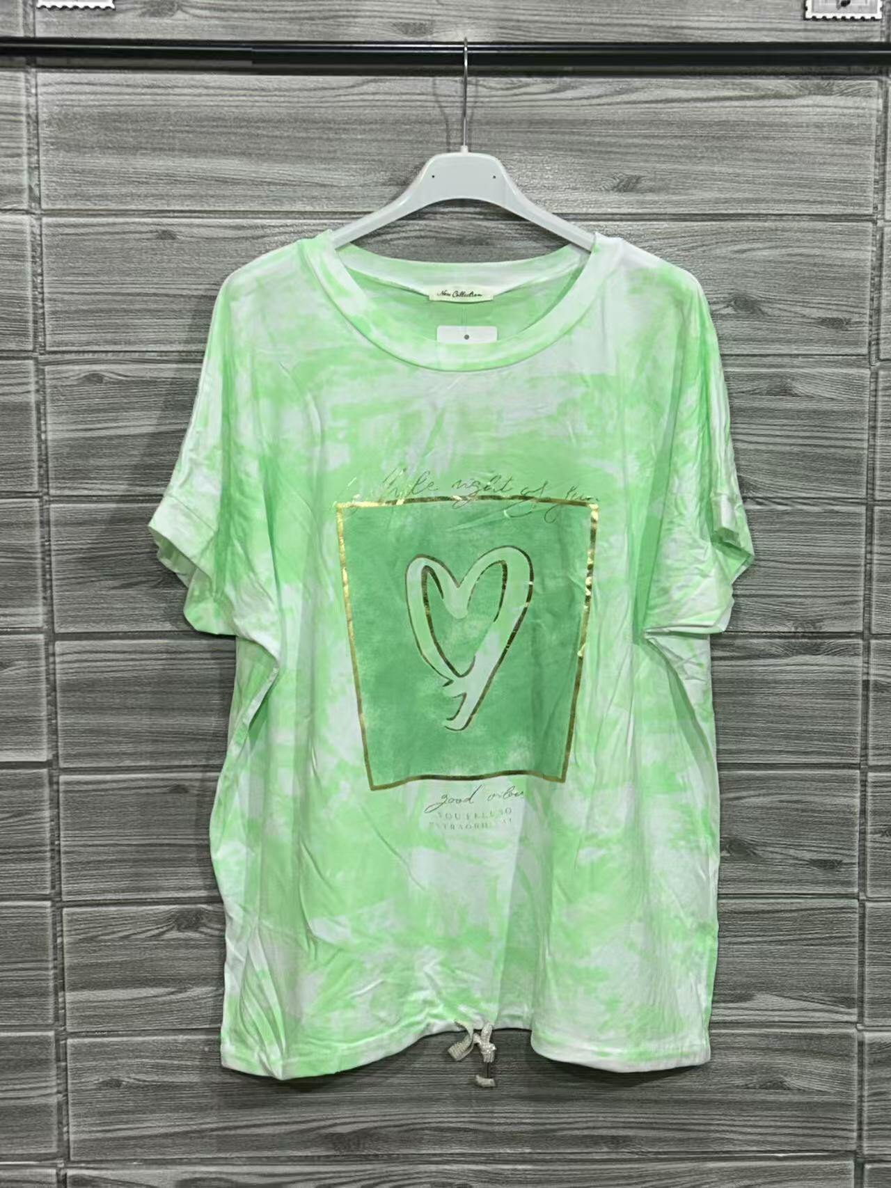 ZOT048VP Heart Tie-Dye Cotton T-Shirt Vert Pomme