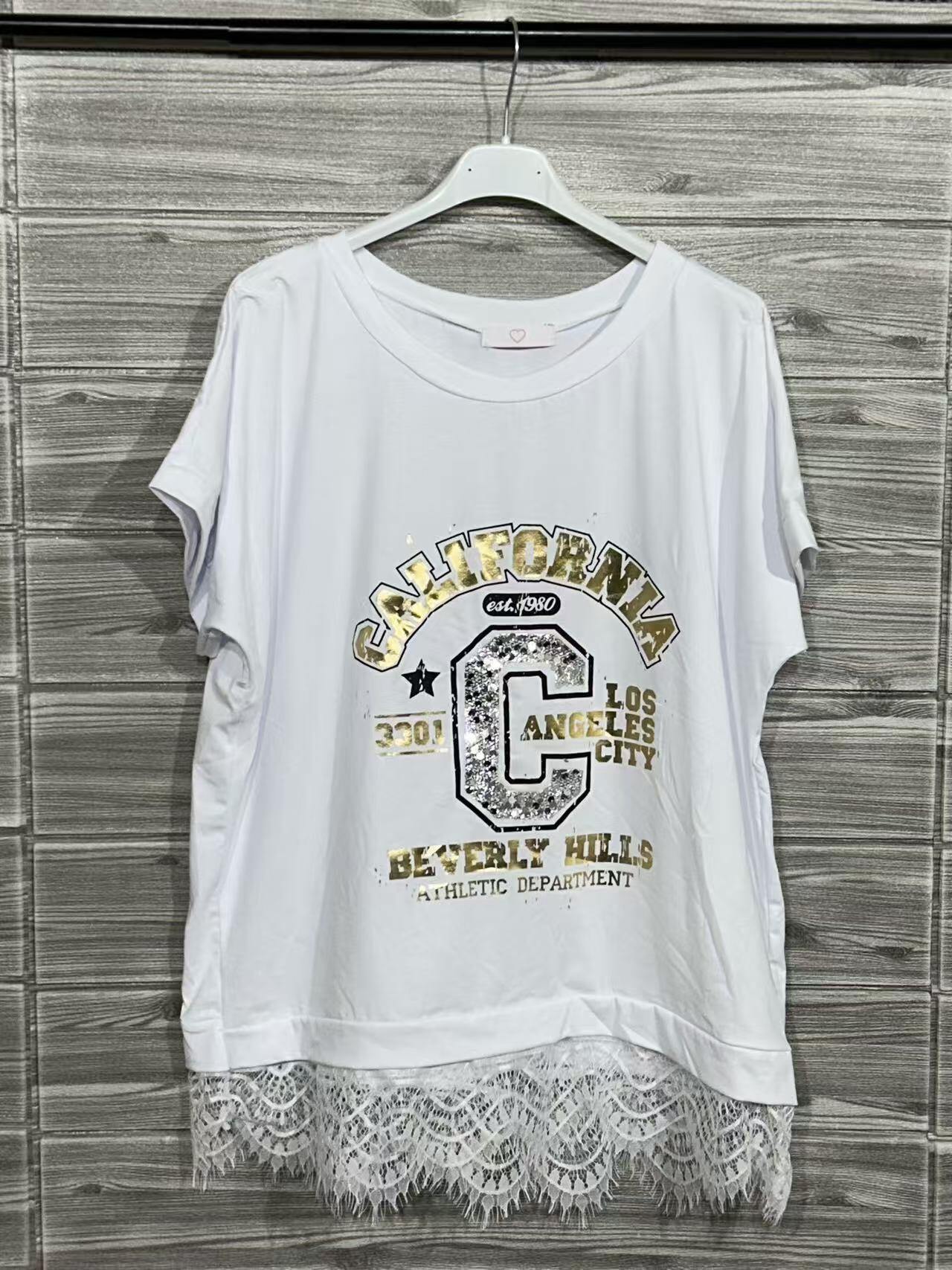 ZOT012WH Letter C Cotton T-Shirt with Lace White