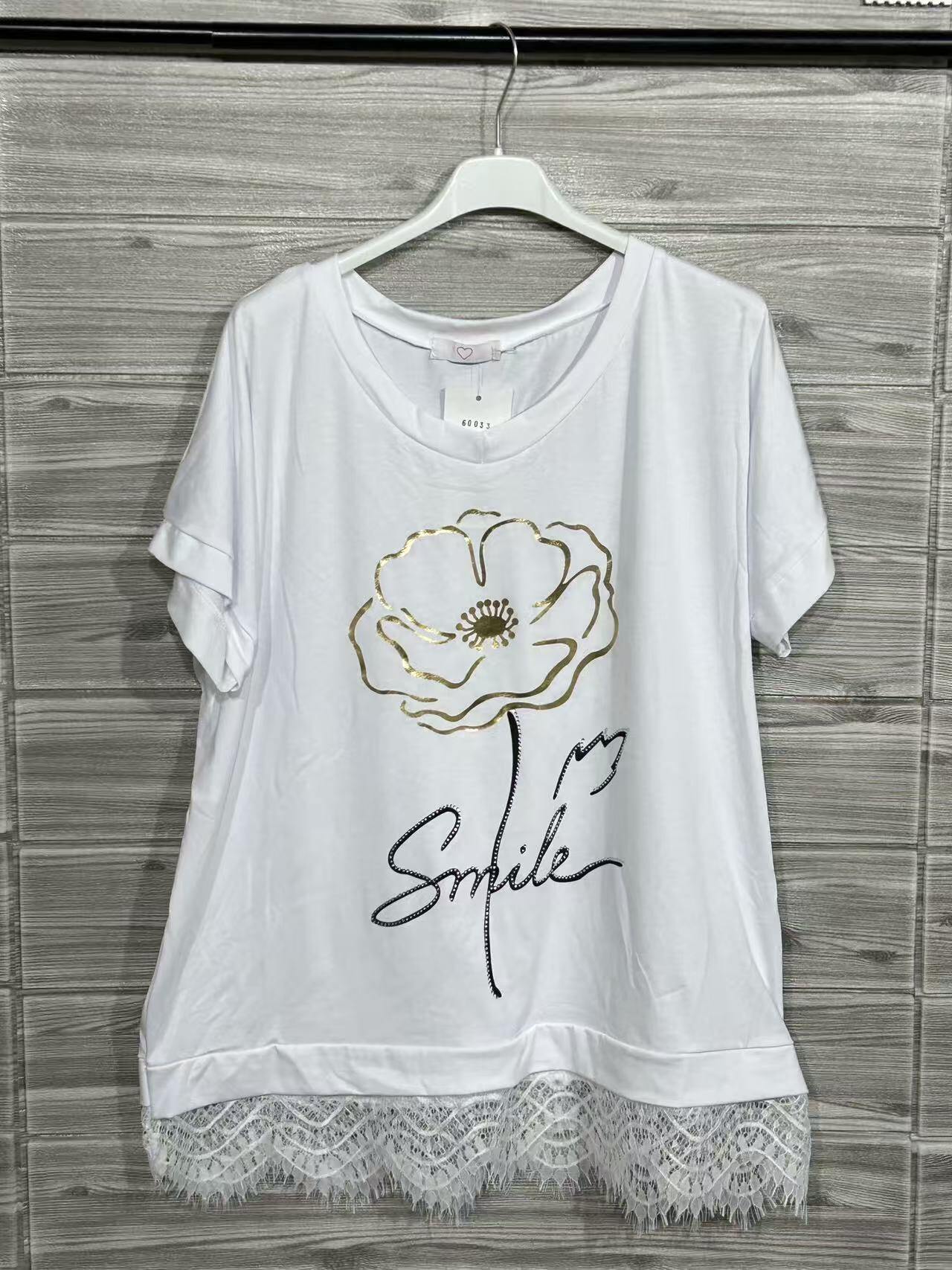 ZOT011WH Gold Butterfly Cotton T-Shirt with Lace White
