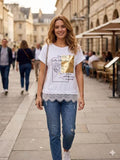 ZOT009WH Letter Print Cotton T-Shirt with Lace White