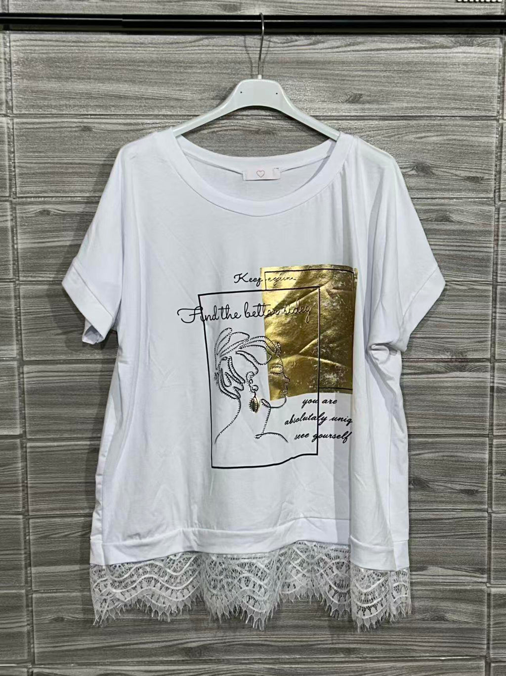 ZOT009WH Letter Print Cotton T-Shirt with Lace White