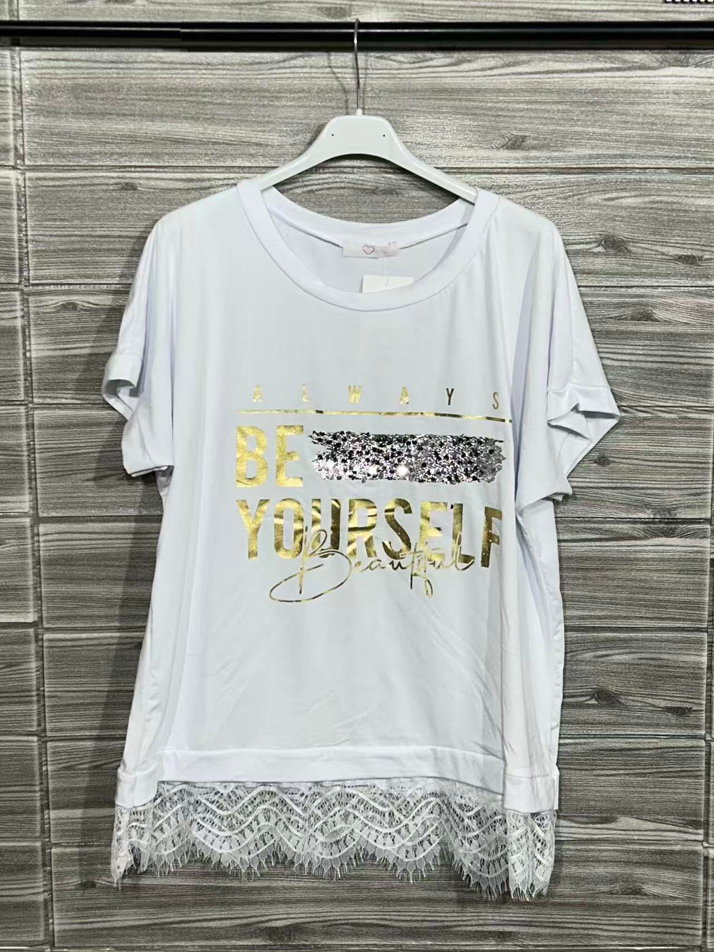ZOT008WH Floral Cotton T-Shirt with Lace White
