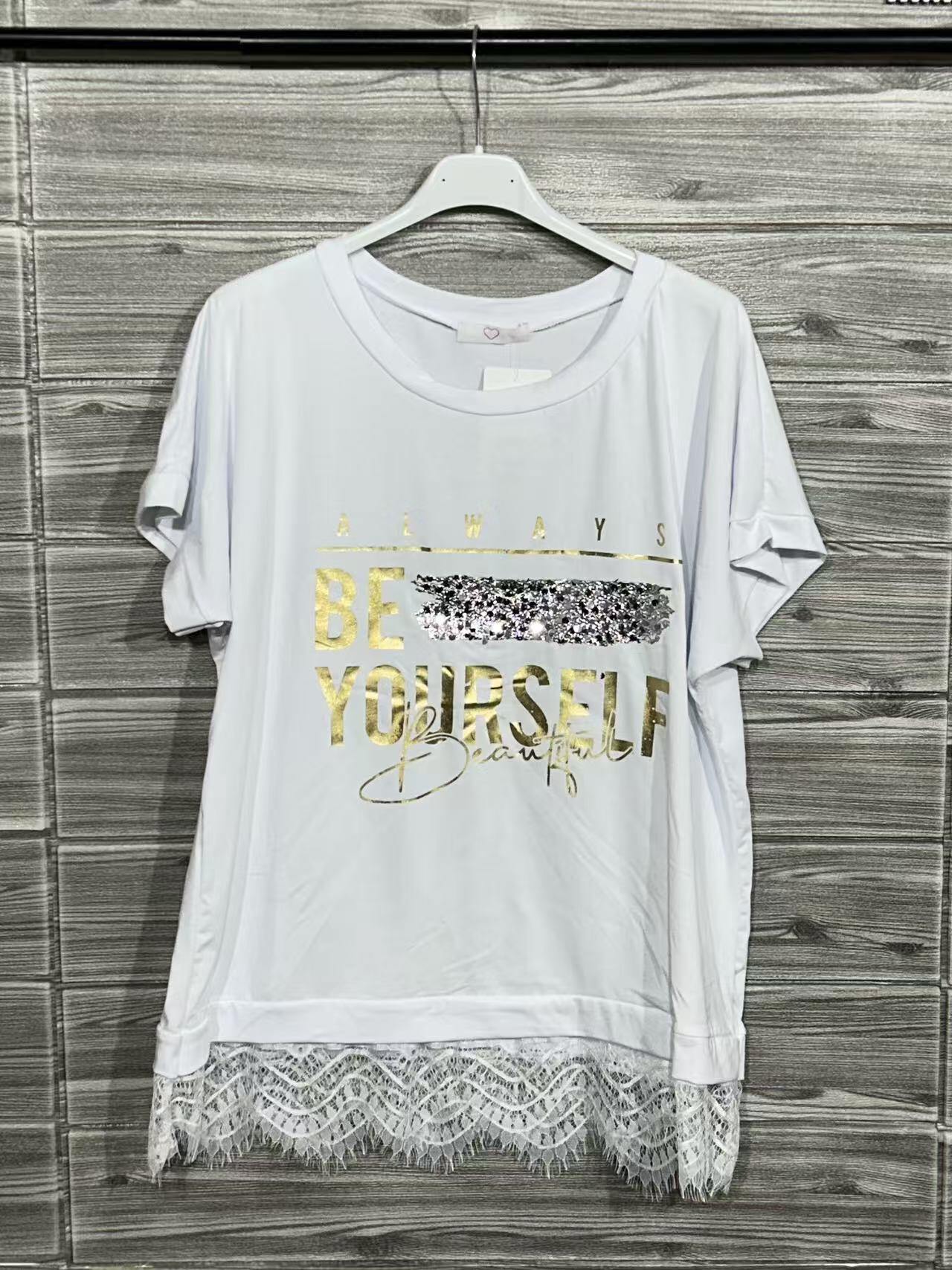 ZOT008WH Floral Cotton T-Shirt with Lace White
