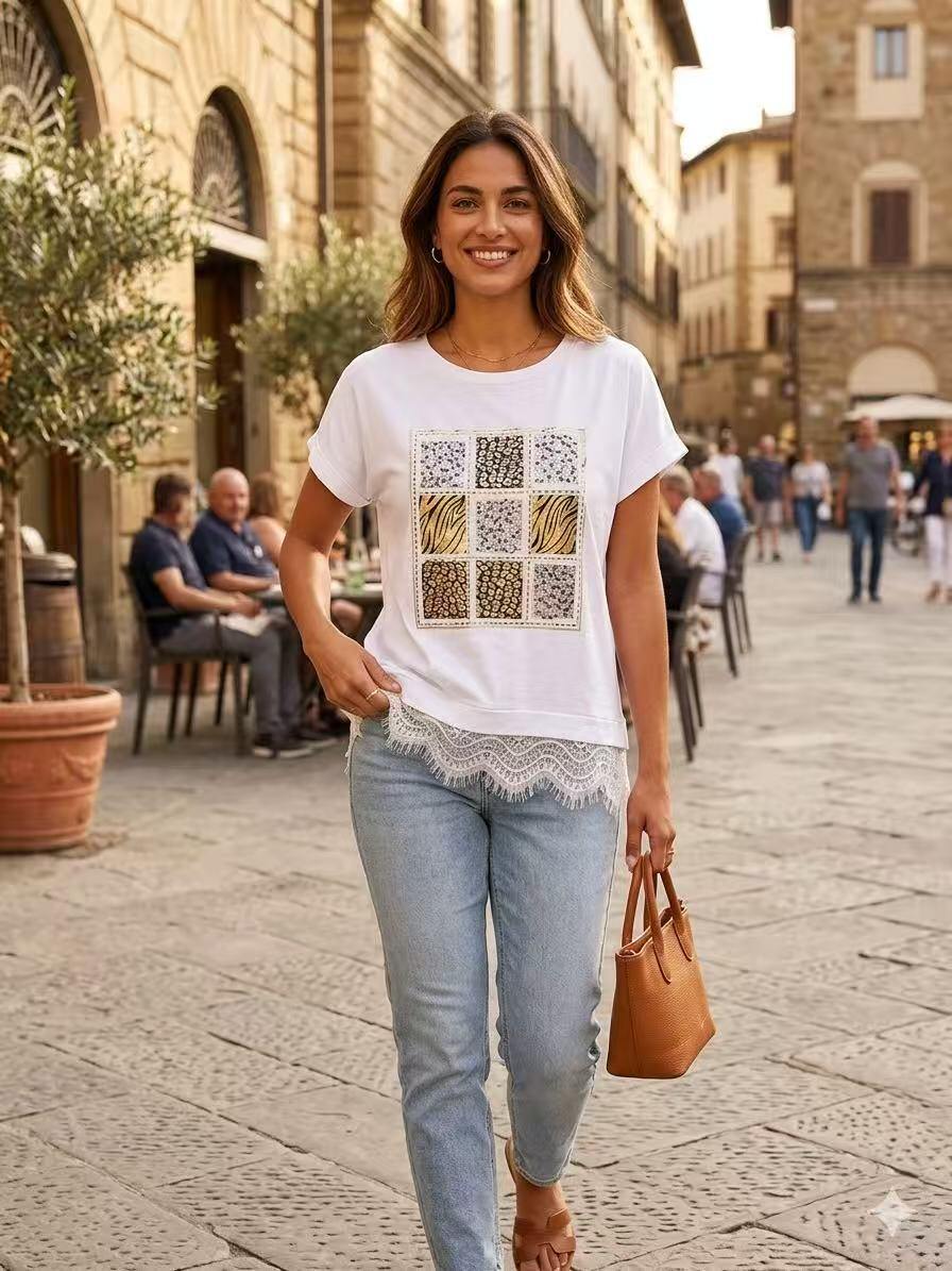ZOT007WH Photo Collage Cotton T-Shirt with Lace White