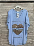 ZOT033SB Leopard Heart Cotton T-Shirt Sky Blue