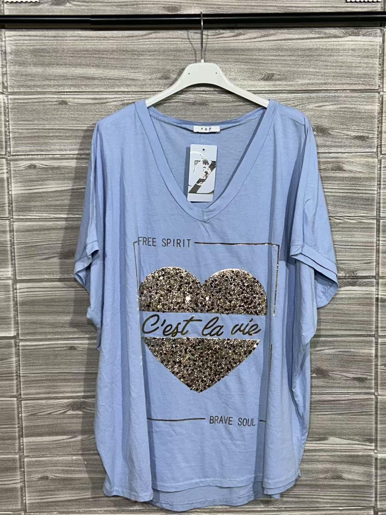 ZOT033SB Leopard Heart Cotton T-Shirt Sky Blue