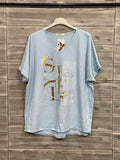 ZOT031SB Gold Foil V-Neck Cotton T-Shirt Sky Blue