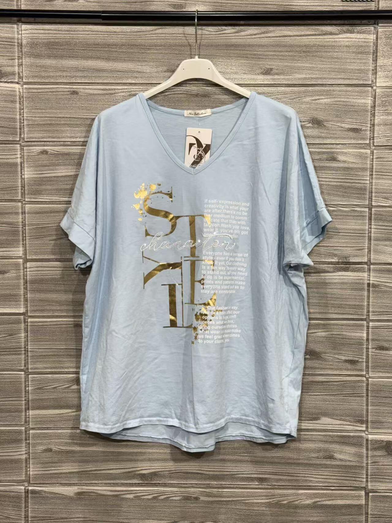 ZOT031SB Gold Foil V-Neck Cotton T-Shirt Sky Blue