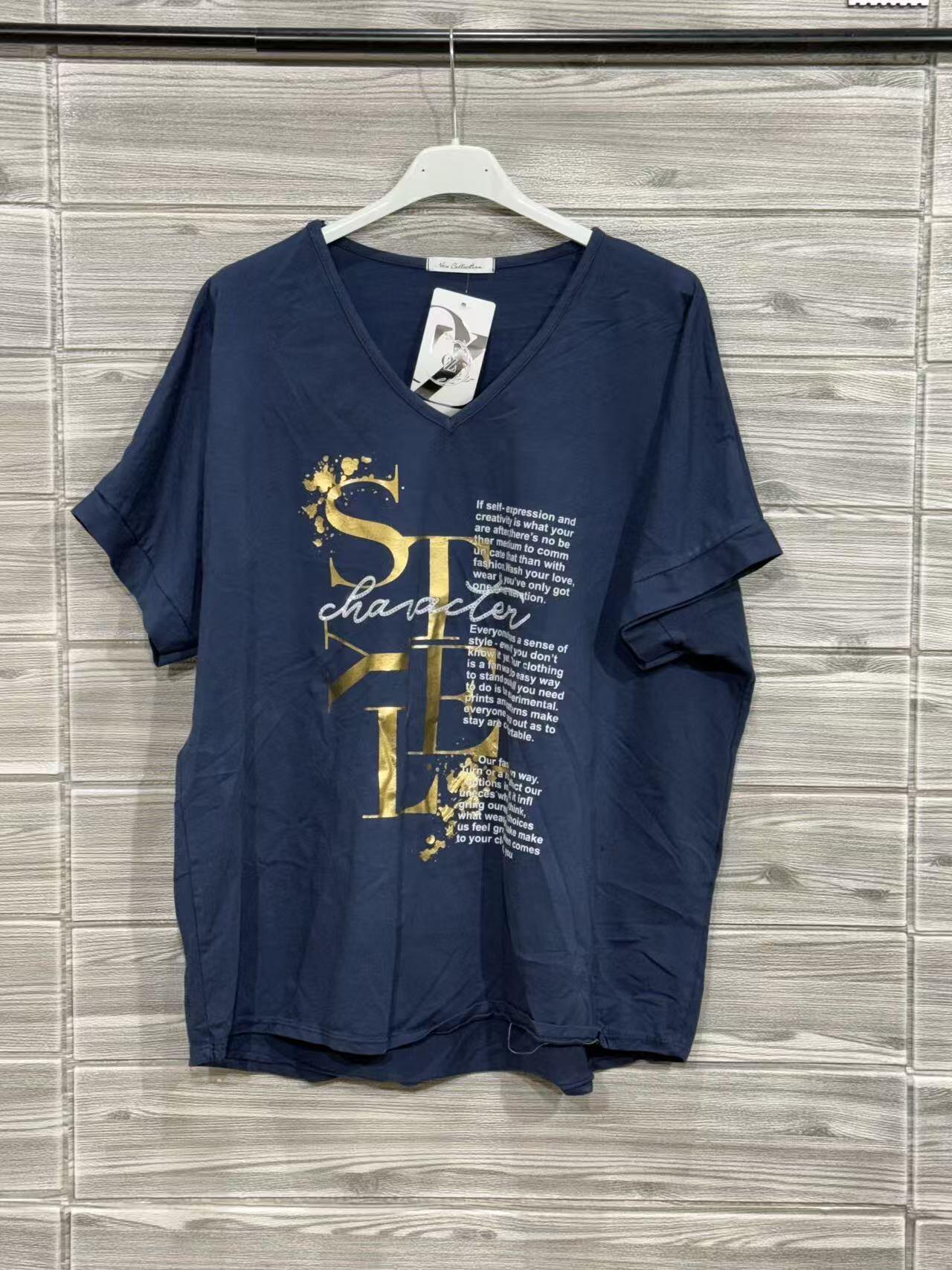 ZOT031DB Gold Foil V-Neck Cotton T-Shirt Dark Blue