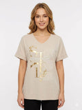 ZOT031EC Gold Foil V-Neck Cotton T-Shirt Ecru
