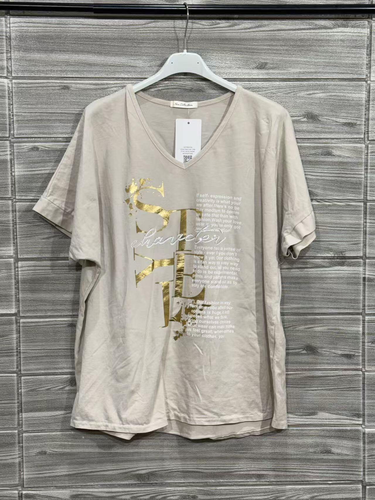 ZOT031EC Gold Foil V-Neck Cotton T-Shirt Ecru