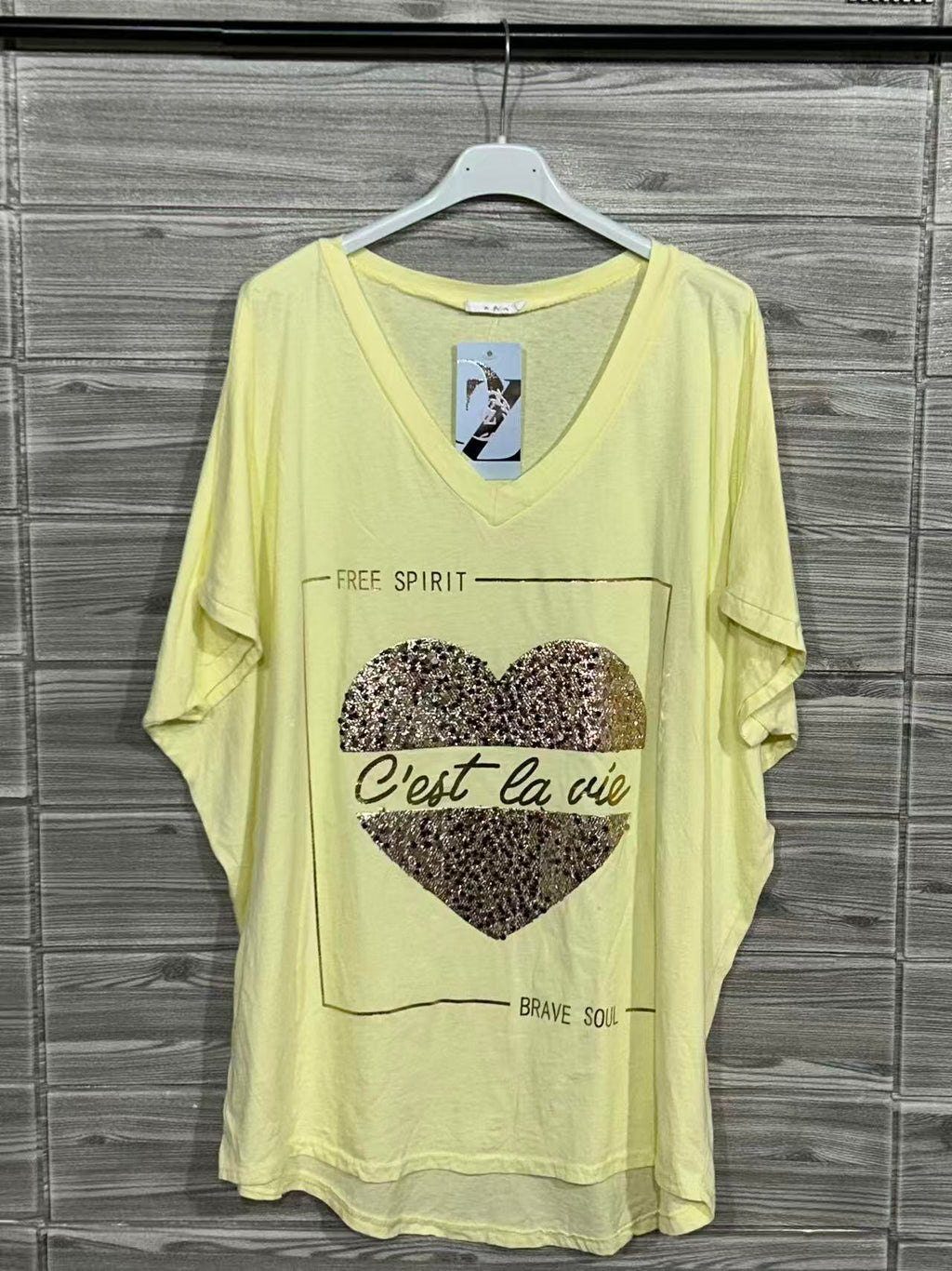 ZOT033LY Leopard Heart Cotton T-Shirt Light Yellow