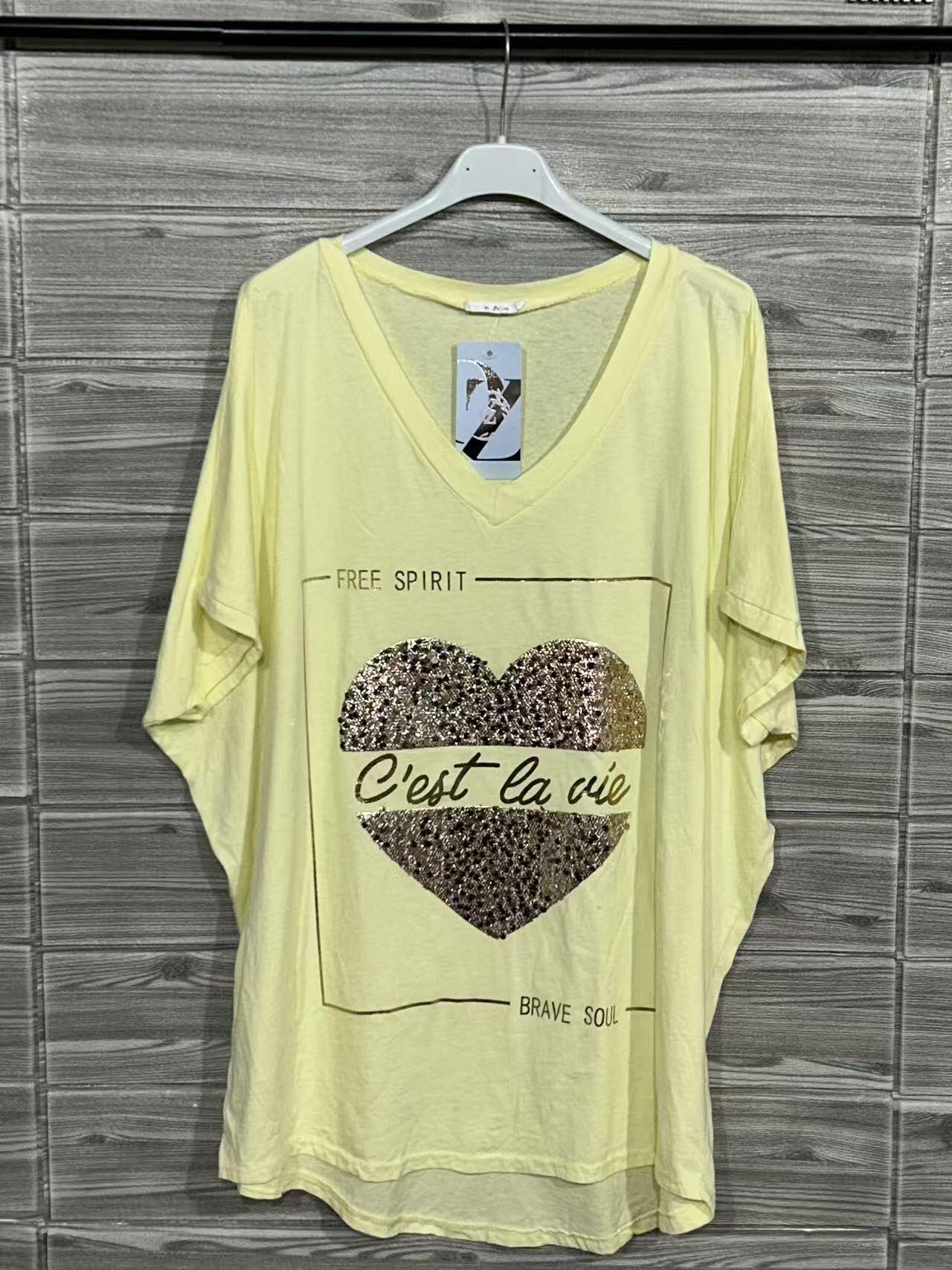 ZOT033LY Leopard Heart Cotton T-Shirt Light Yellow