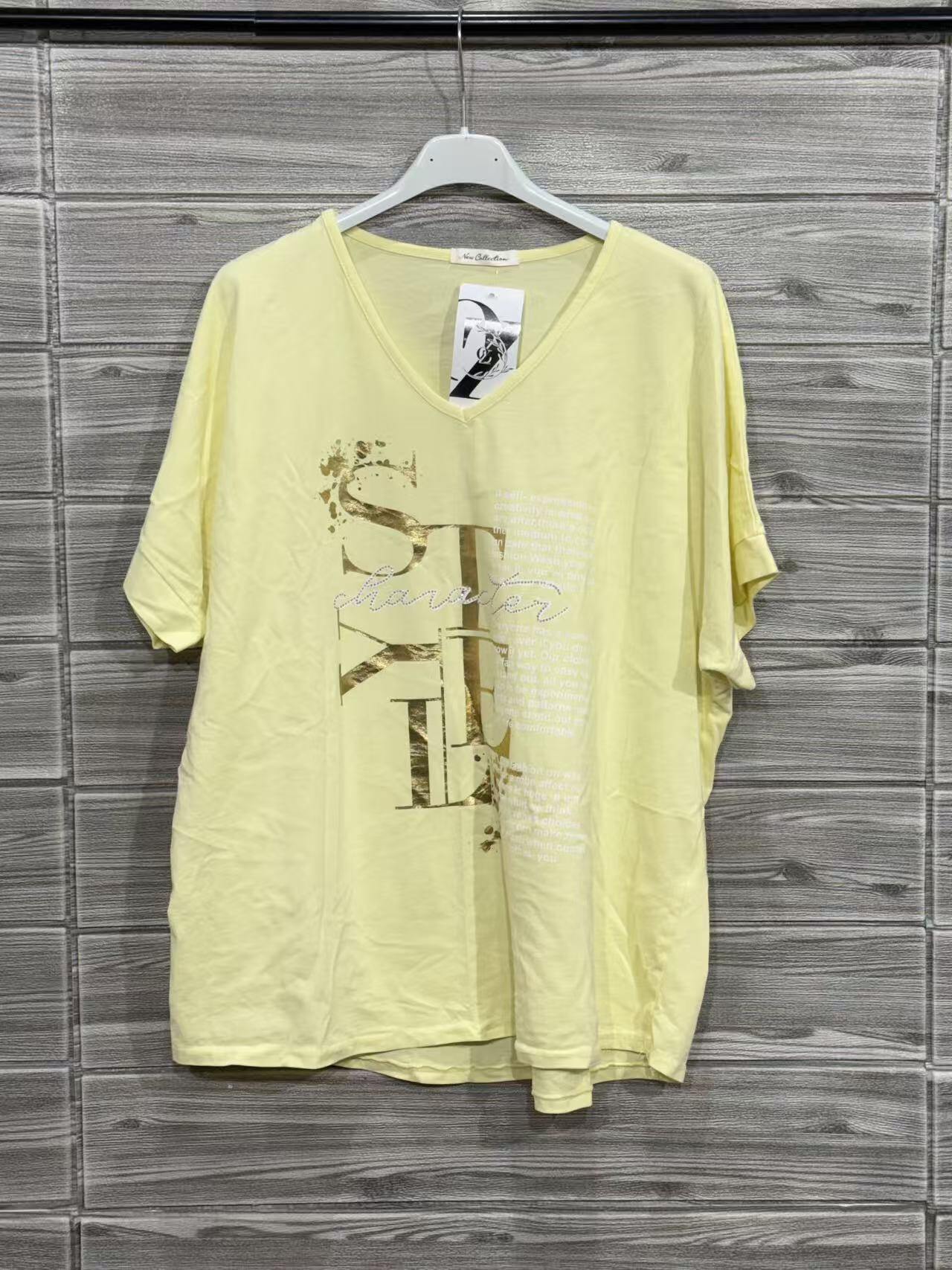 ZOT031LY Gold Foil V-Neck Cotton T-Shirt Light Yellow