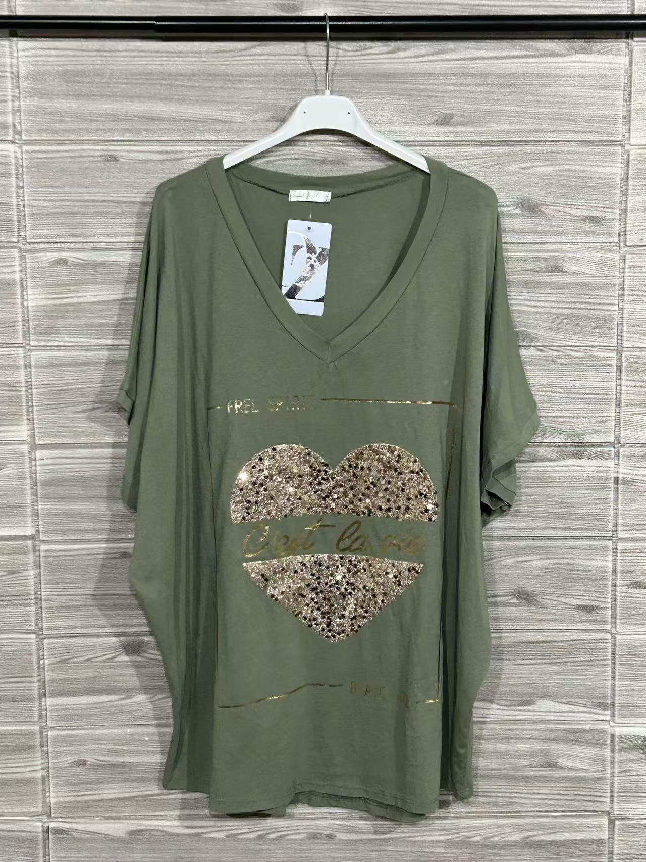 ZOT033KH Leopard Heart Cotton T-Shirt Khaki